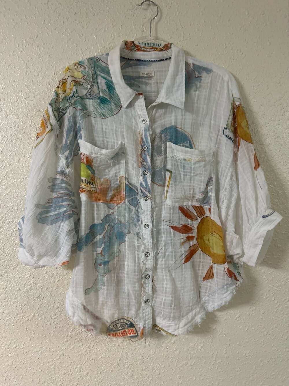 Pilcro Printed Batwing Buttondown Shirt in White Art Print